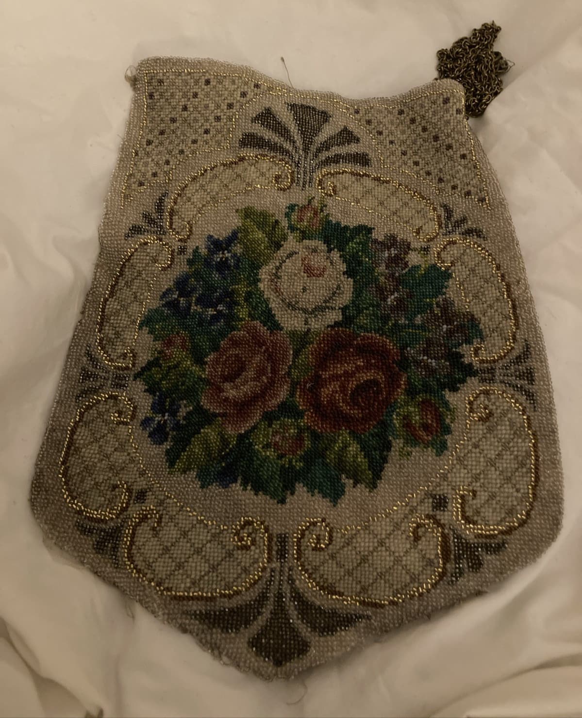 Antique 1920s Vintage Beaded Colourful Floral Evening Bag, Chain Handle, TLC