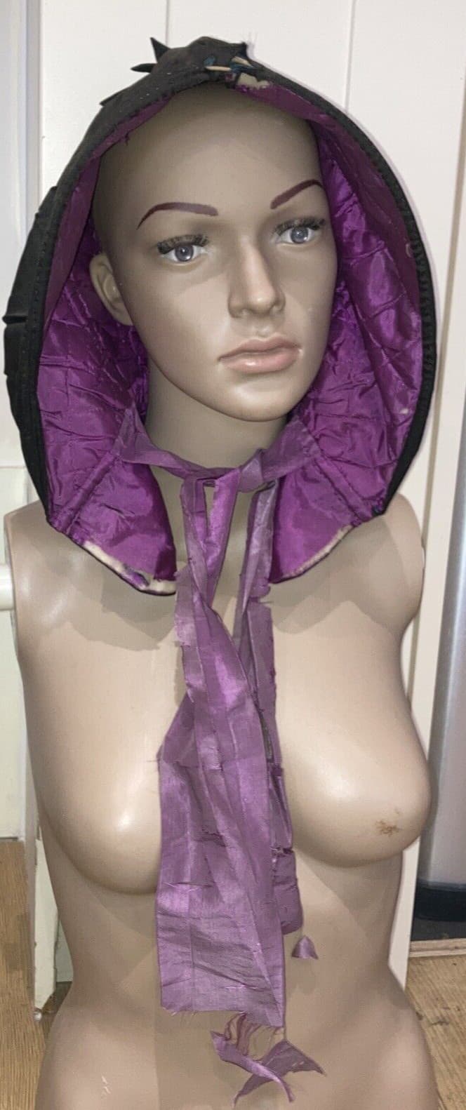 Vintage Black Silk Victorian Bonnet Hat, Purple Lining, Medium Size