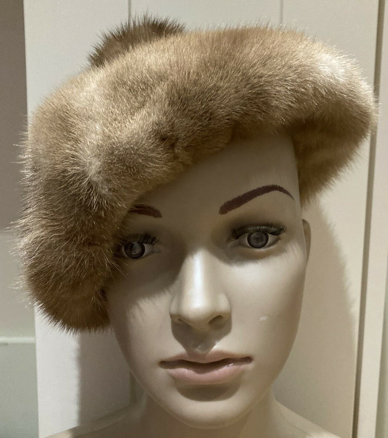 1950s Vintage Mid Brown Mink Beret Style Fur Hat with Pom Pom, Size M
