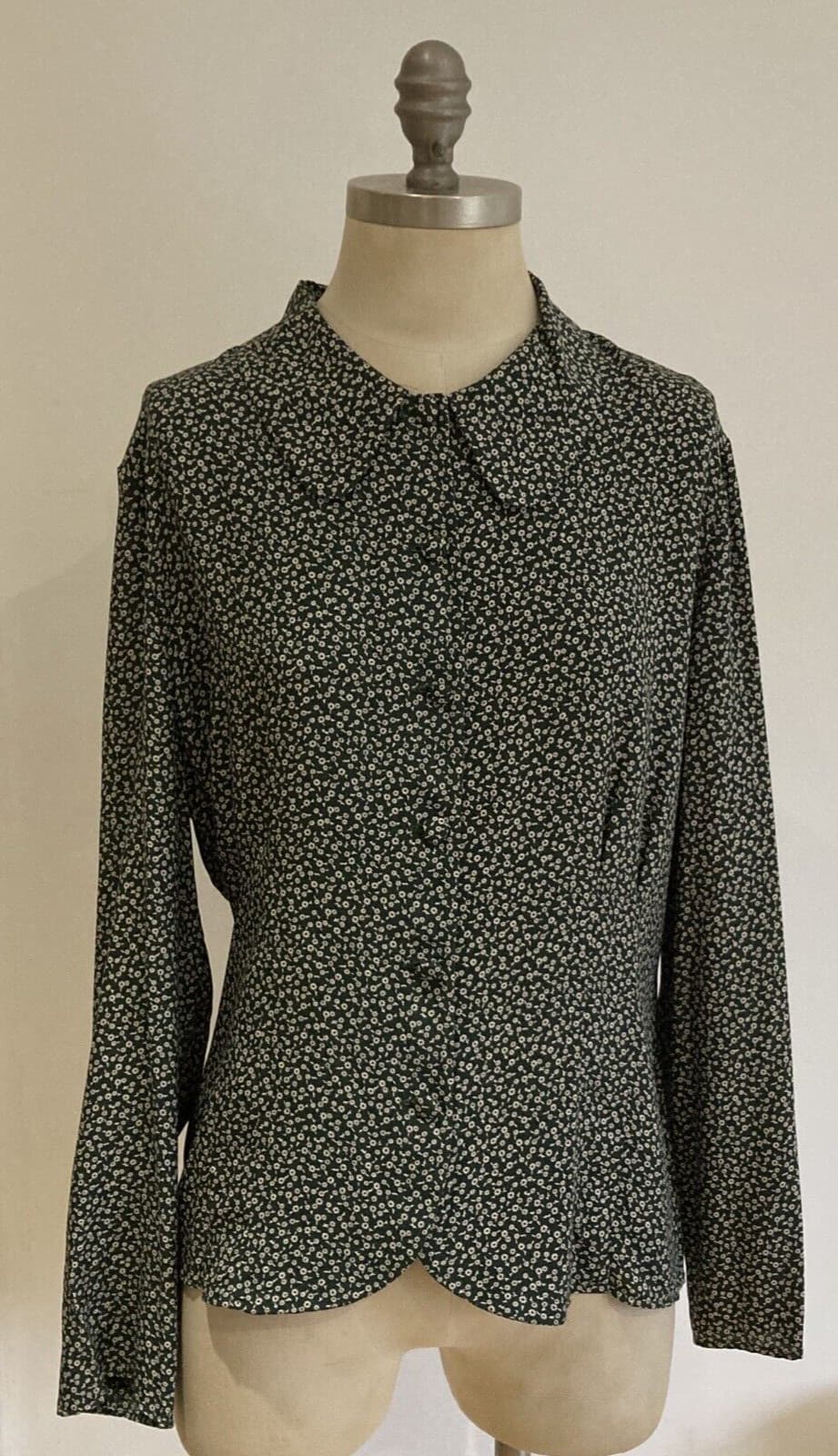 Rare Vintage 1990s Laura Ashley Dark Green Ditsy Floral Blouse, 22" pit to pit