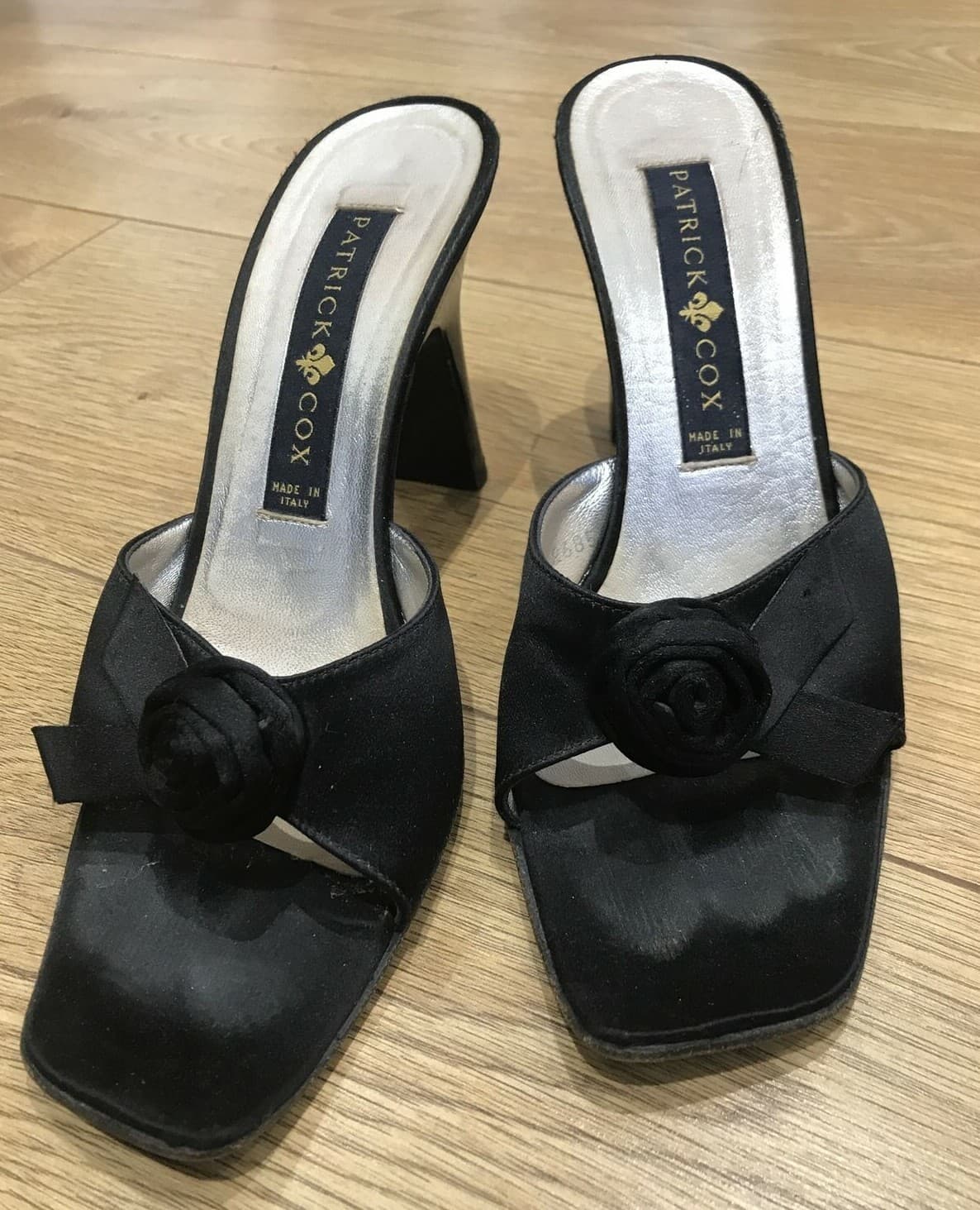 Patrick Cox Vintage 1990s Black Satin Mules (EU Size 38, UK 5), Narrow Fitting