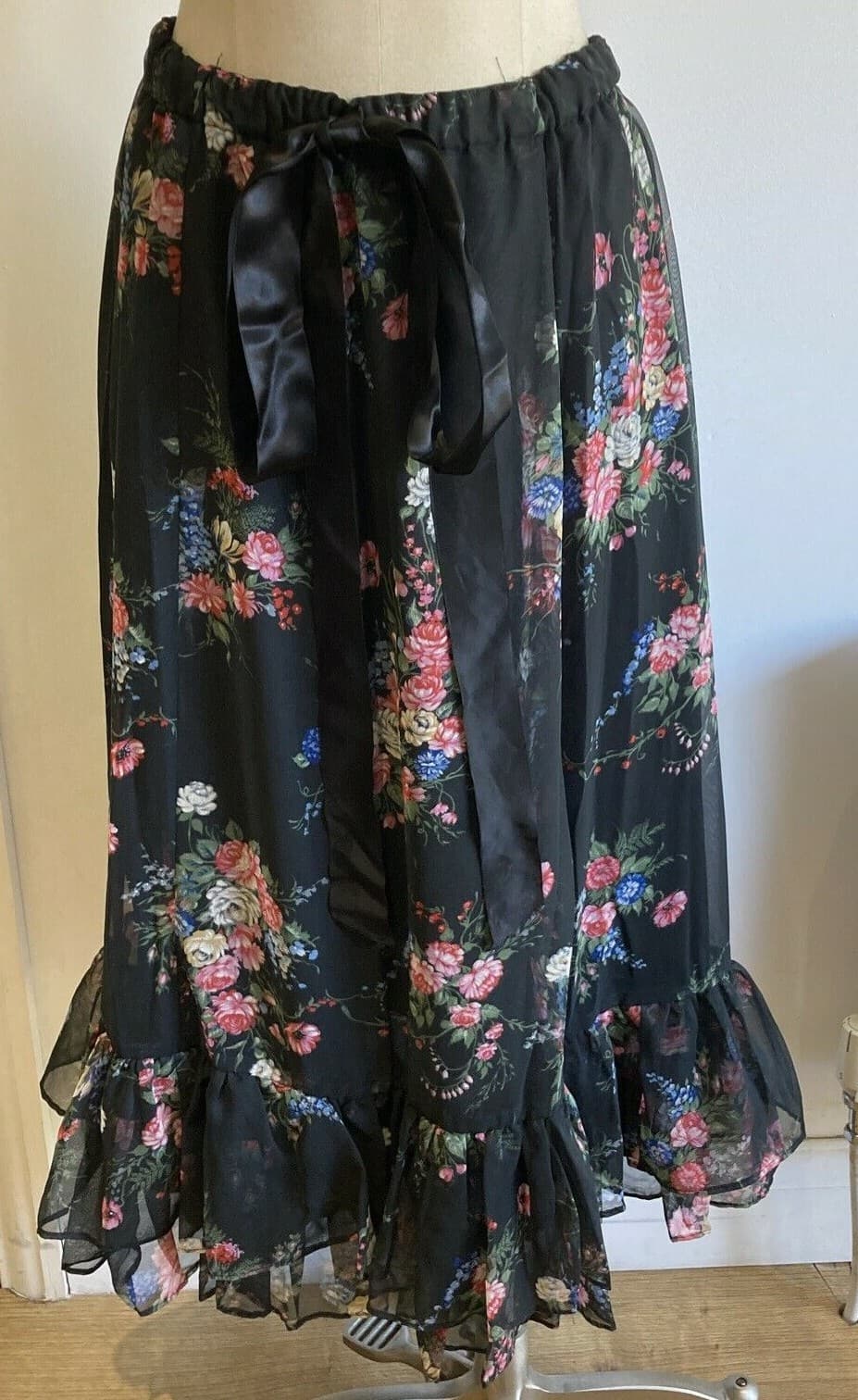 Vintage 1970s Angela Gore Tiered Floral Skirt with Ribbon Trim, 30" Waist