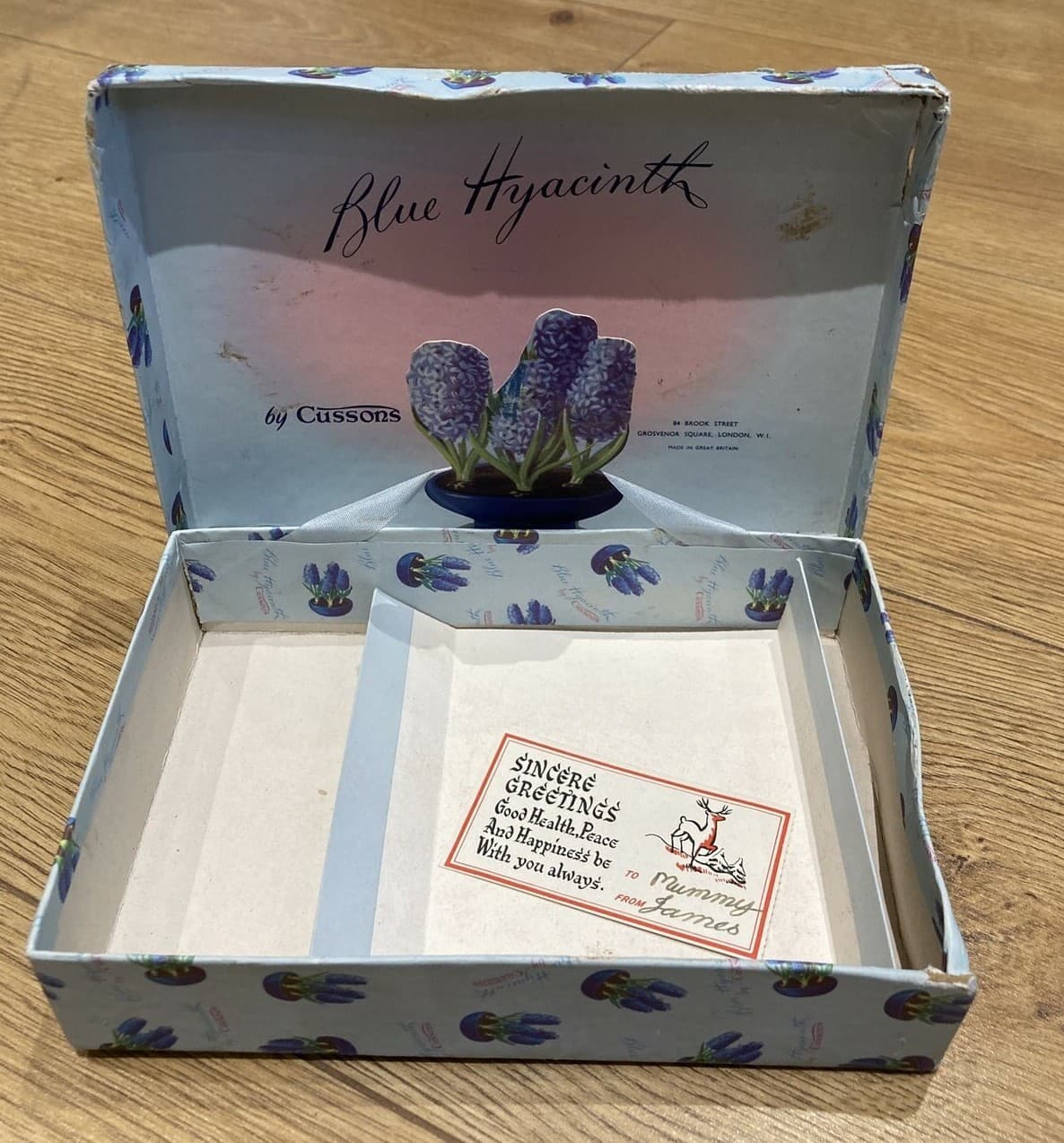 Vintage Cussons Blue Hyacinth Cardboard Box 18.5 cm x 12.5,  Pop-up Hyacinth