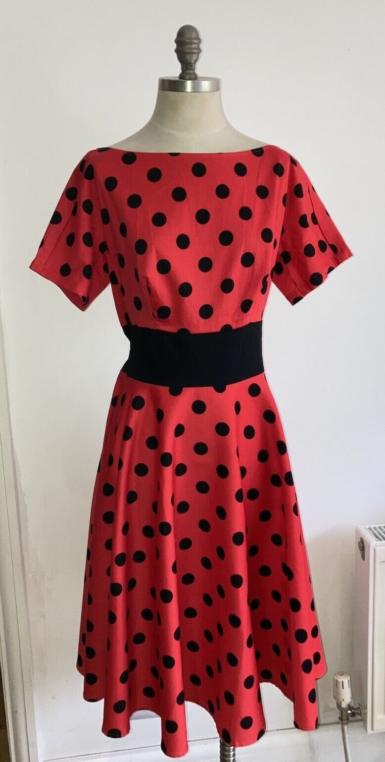 Belle Poque Vintage Style Dress, Red with Black Spots, Size 19" armpit to armpit