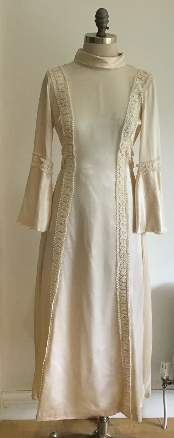 True Vintage Early 1970s Champagne Satin Wedding Dress, Size 8 UK