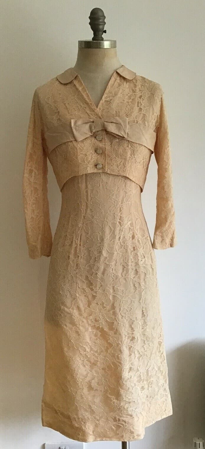 Vintage 1950's Shell Pink Dress & Jacket, Wedding/Cocktail, Dress 16" pit to pit