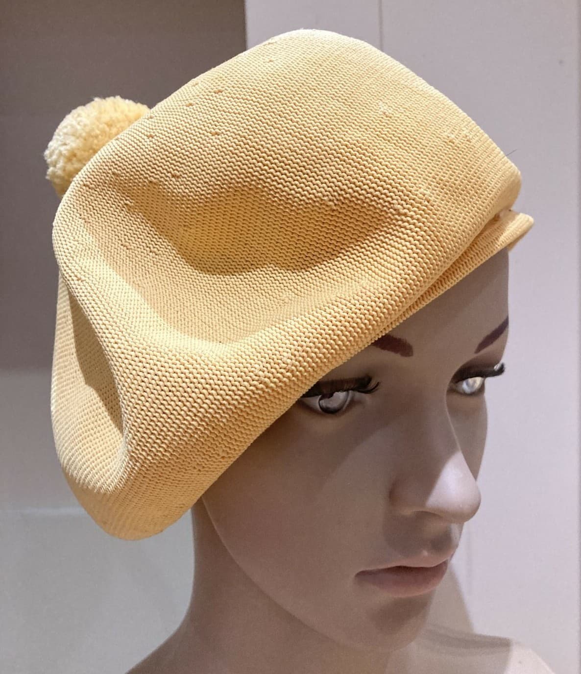 Topaz Yellow Vintage "Julie" Hat by Kangol with Pom-Pom. Made in England