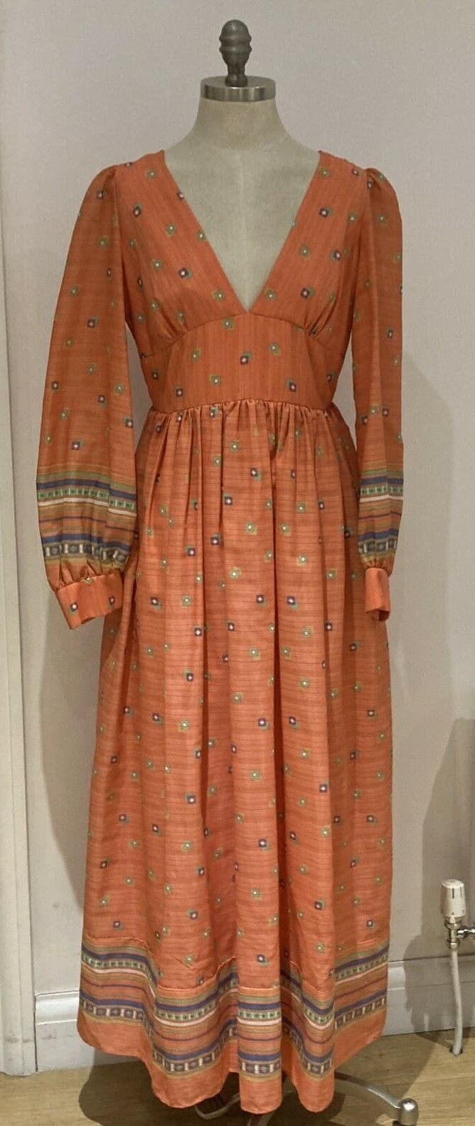 Stunning Vintage 1970s Tangerine Quad Maxi Dress, Size 18.5" armpit to armpit
