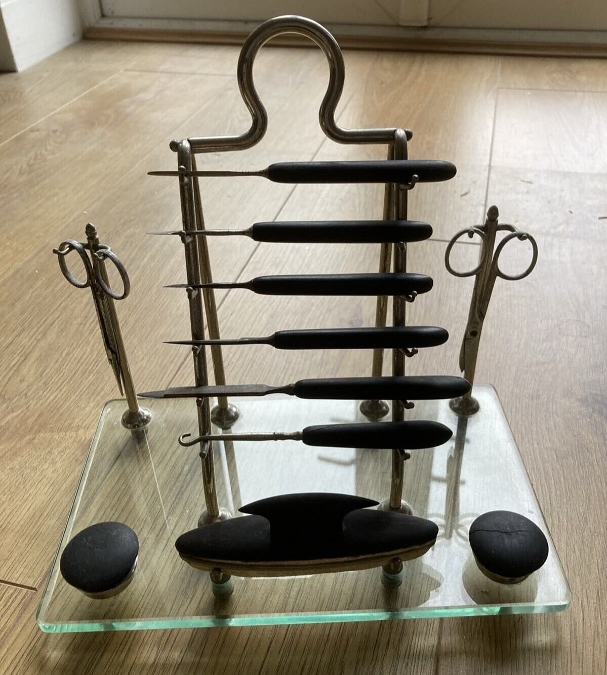 Rare Vintage Manicure Set, 1920s? Chrome/Glass/Ebony Stand