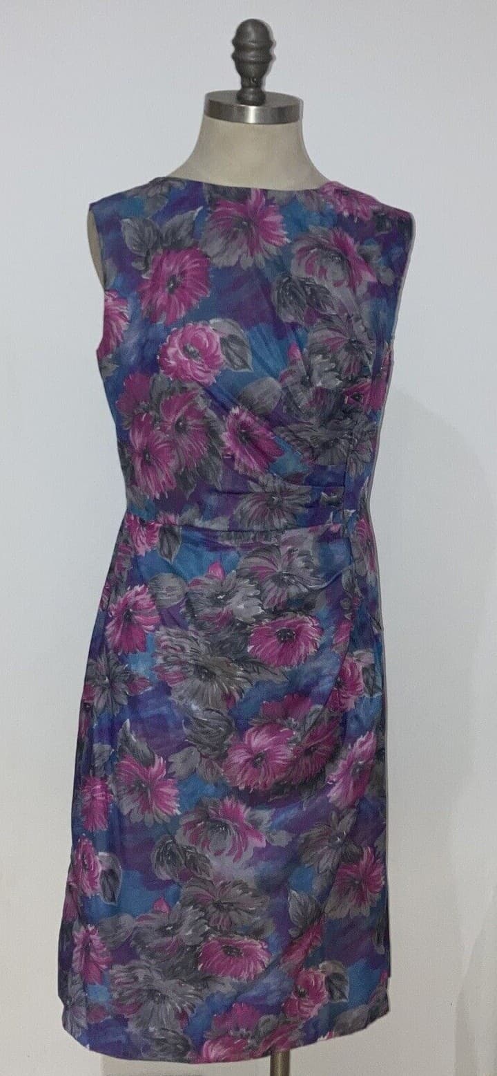 1950s Vintage Blue/Purple Floral Lined Dress Size 18" armpit to armpit Goodwood?
