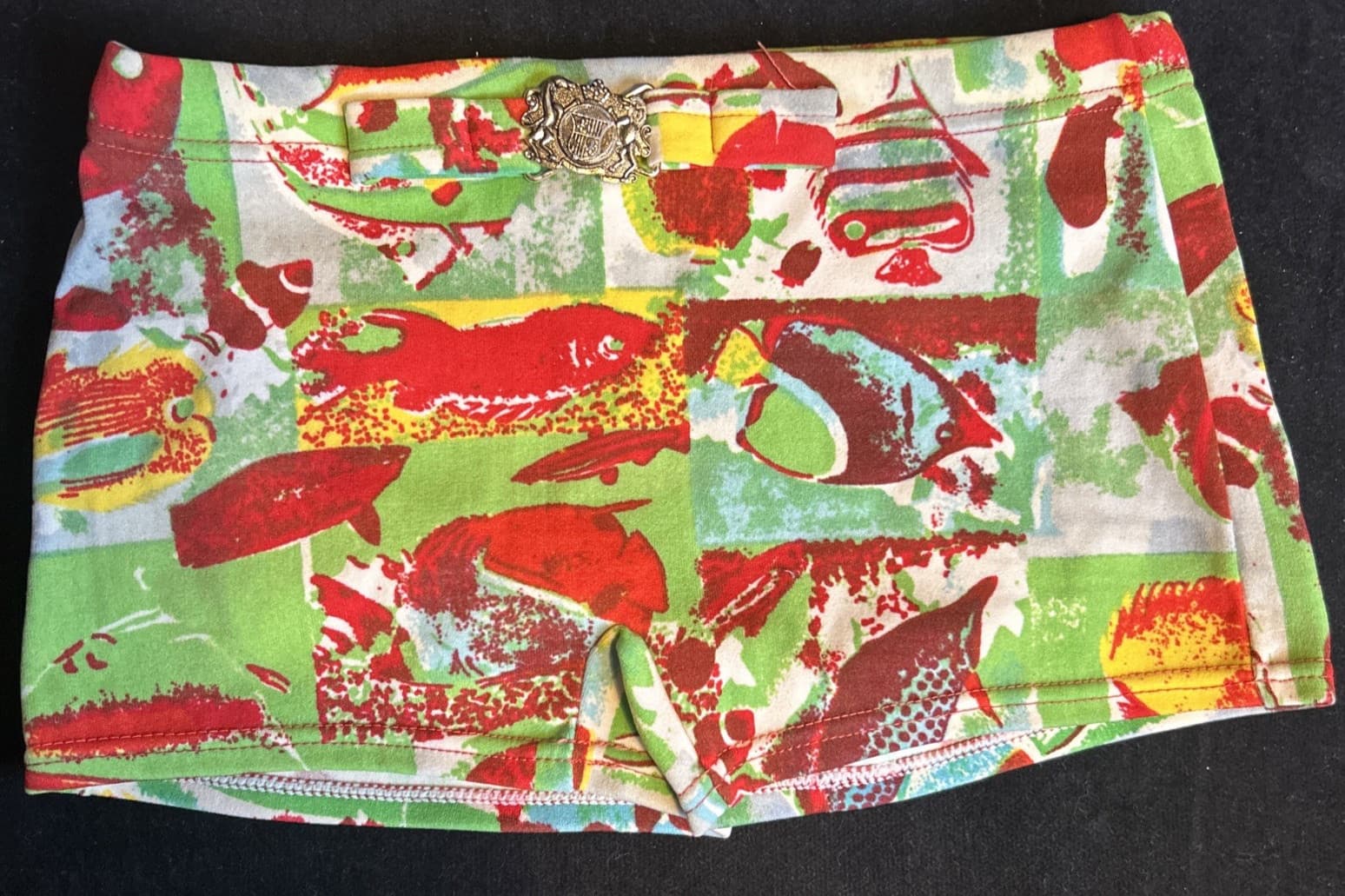 VINTAGE 1970s FISH PRINT SWIMMING TRUNKS, BUCKLE TRIM,  (11.5" Across Waist)