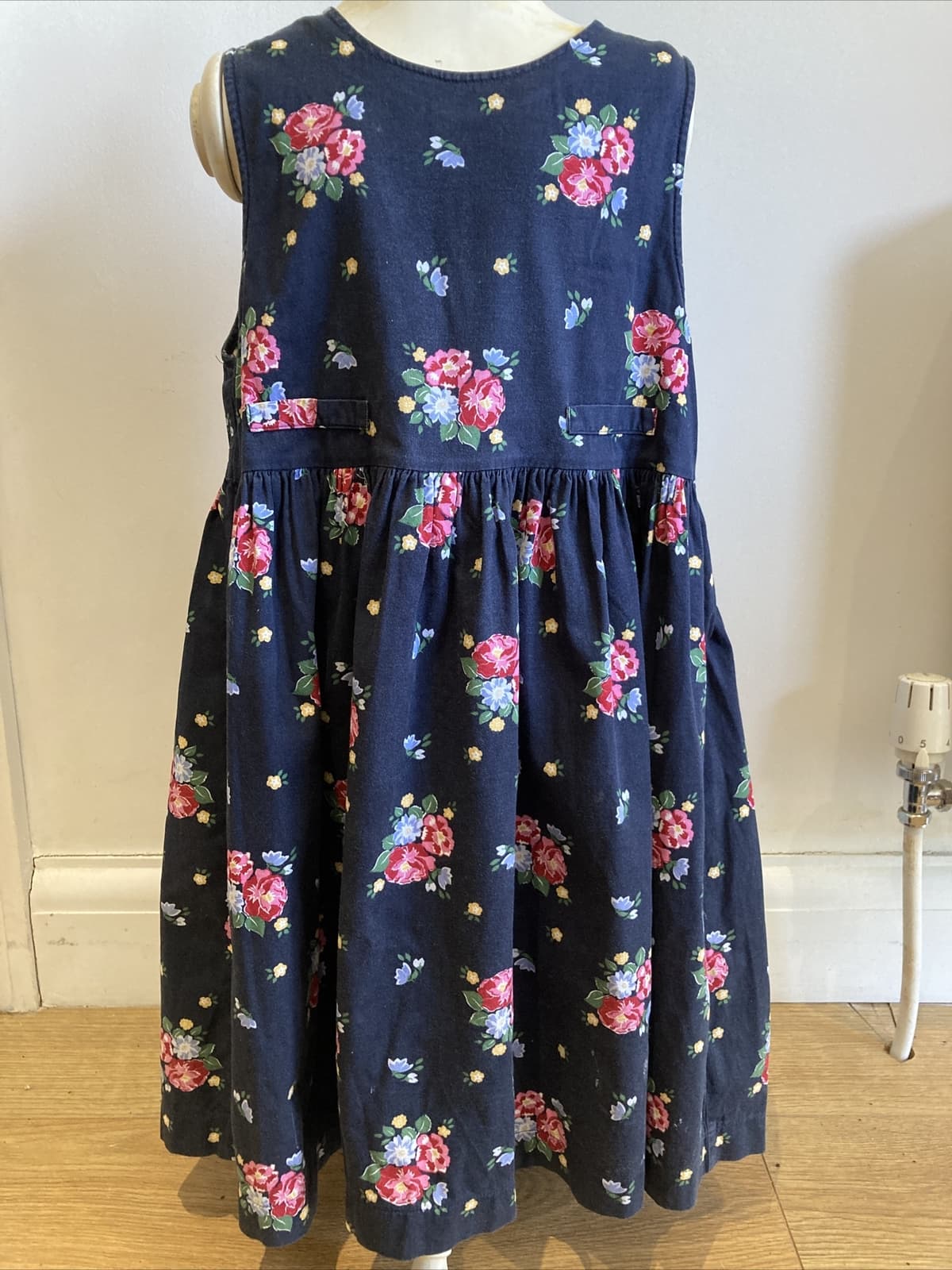 French Brand "Mini Stereo" Cotton Dress Age 8, Blue Floral Retro Roses Pinafore