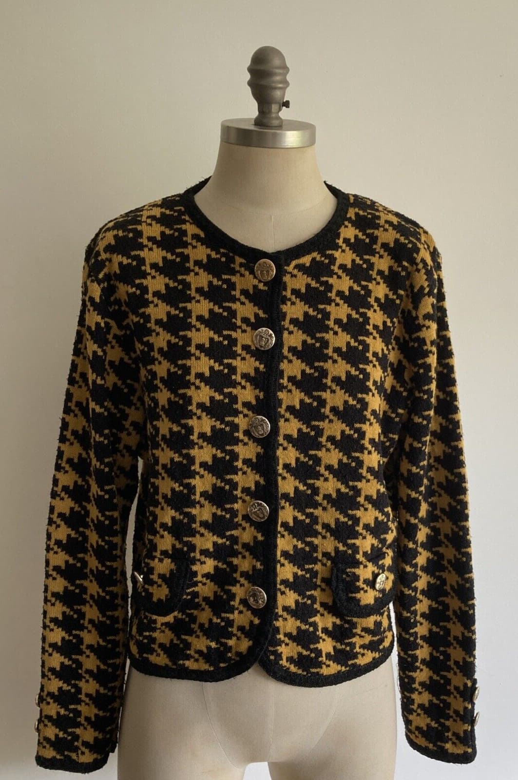 Vintage 1992 Gold/Black Hounds Tooth  St Michael Cardigan/Jacket, Size 12 UK