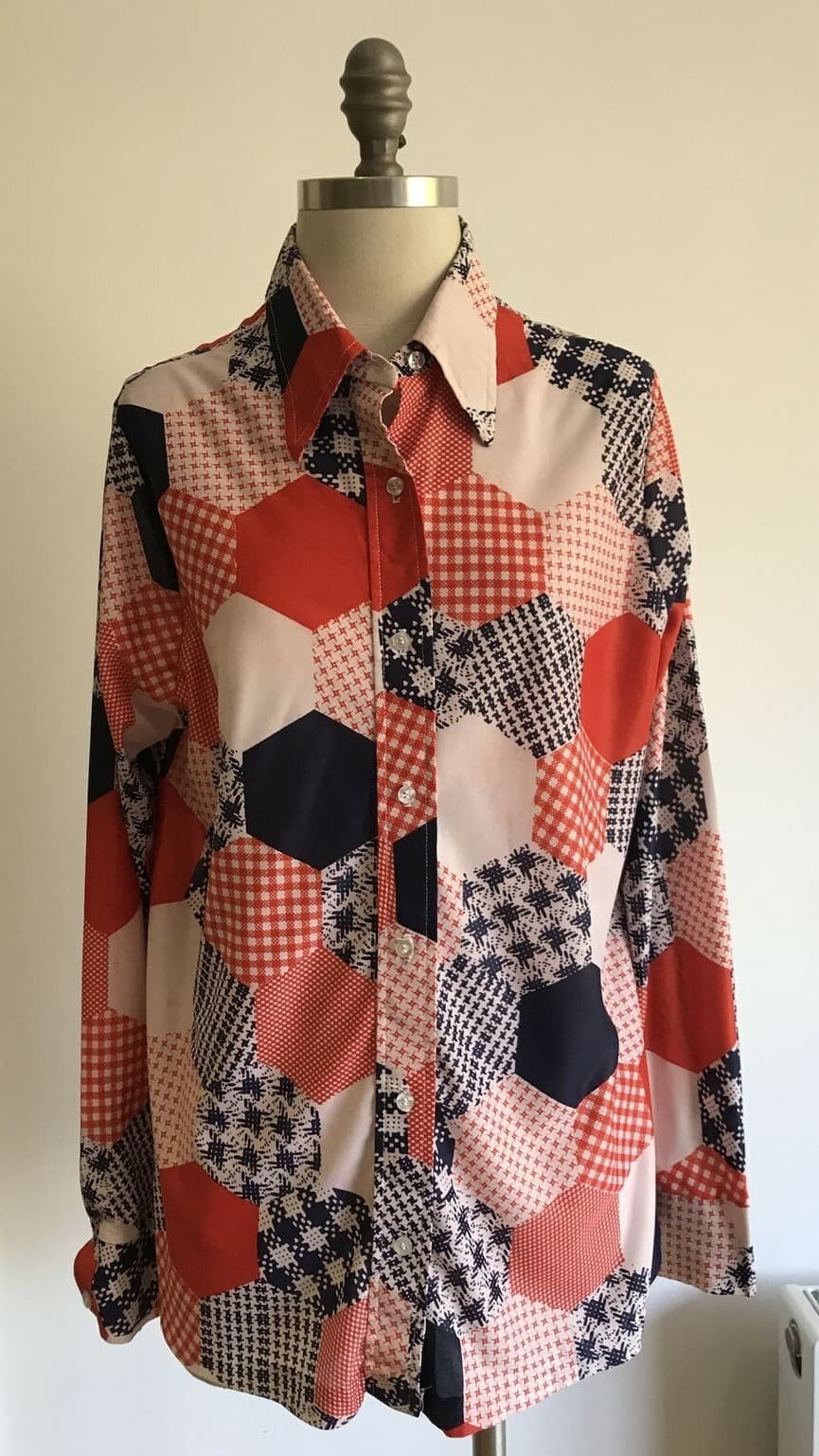 Vintage 1970s Patchwork Print Blouse by Cheri Belles Knits, Size 42