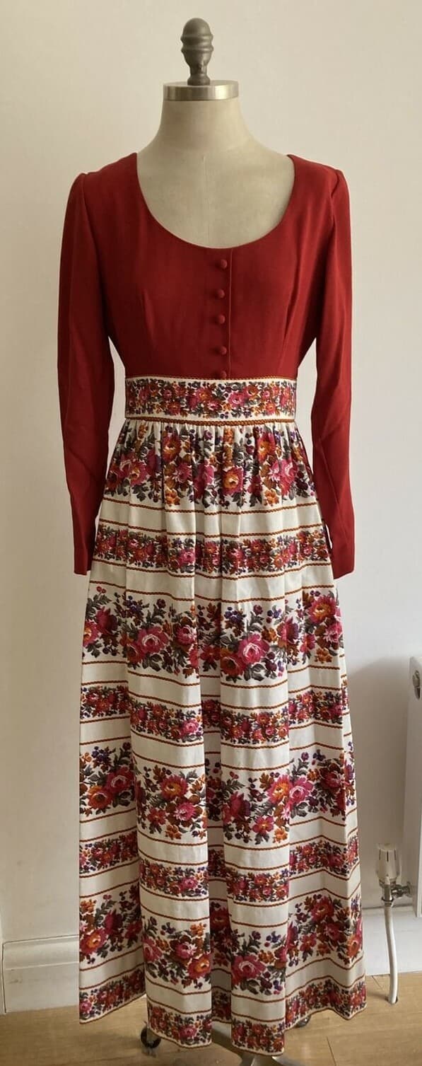 Rare 1970s Marcel Fenez for Roland Klein Red/Cream Vintage Maxi Dress, VGC