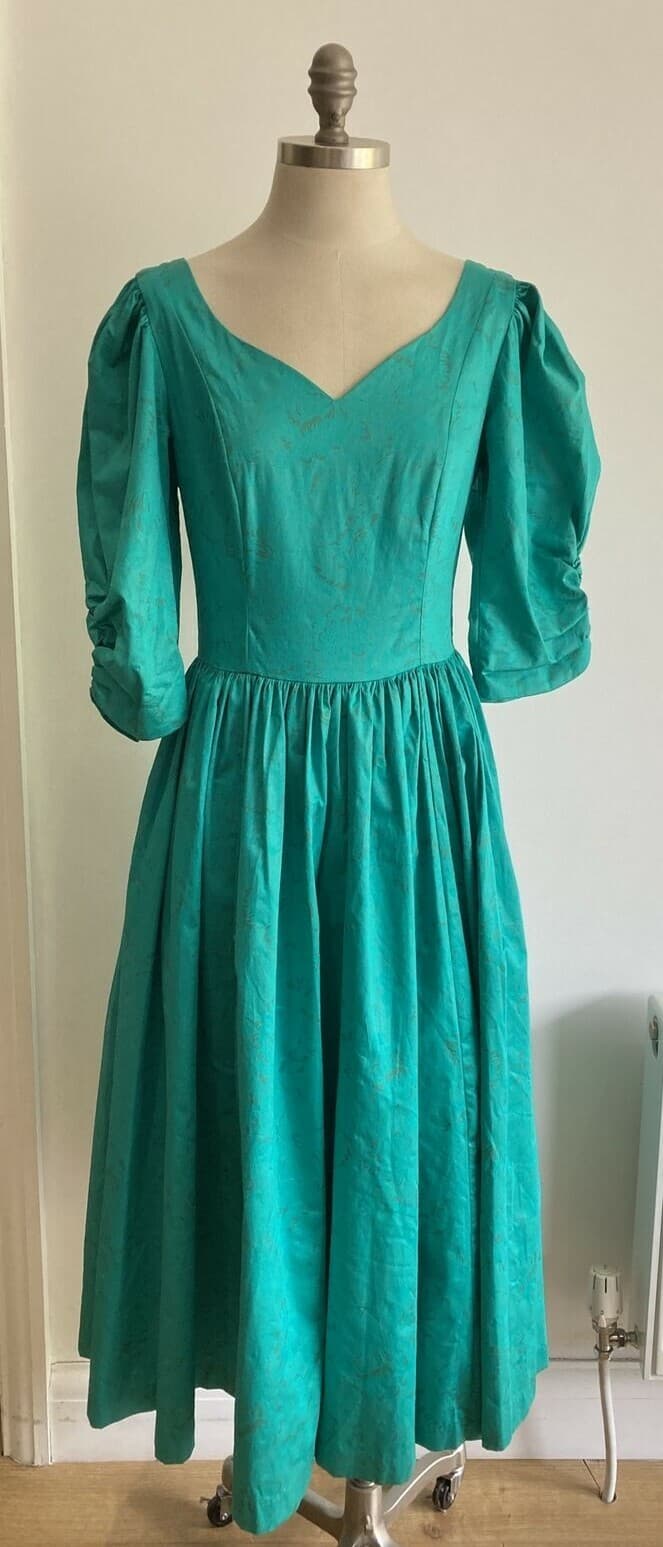 Laura Ashley 1980s Jade Green Dress Made in Great Britain, Vintage Size 12 UK