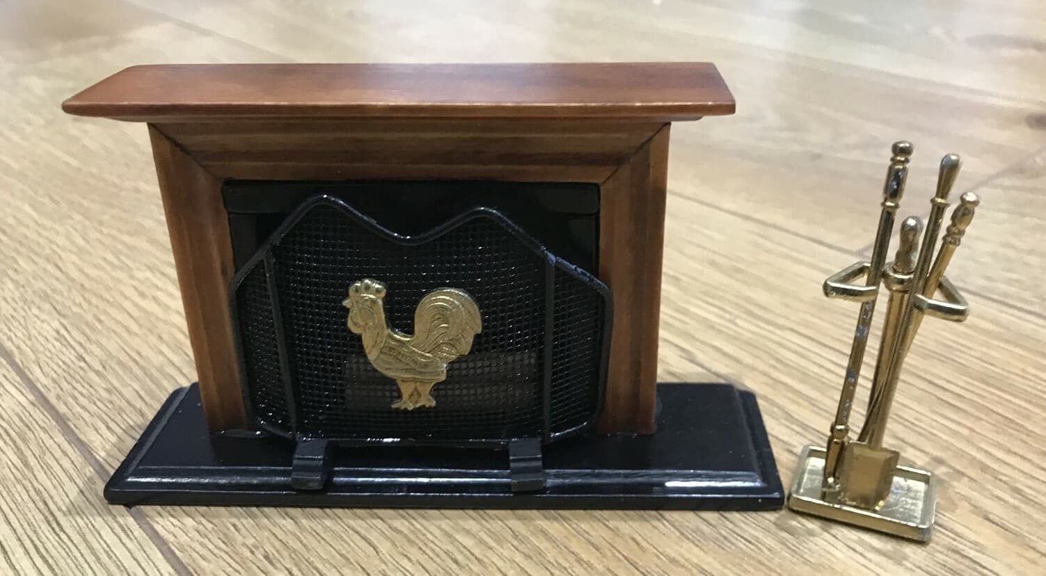 Dolls House Brass Effect Fireplace Tool Set, Fire Guard & Fireplace