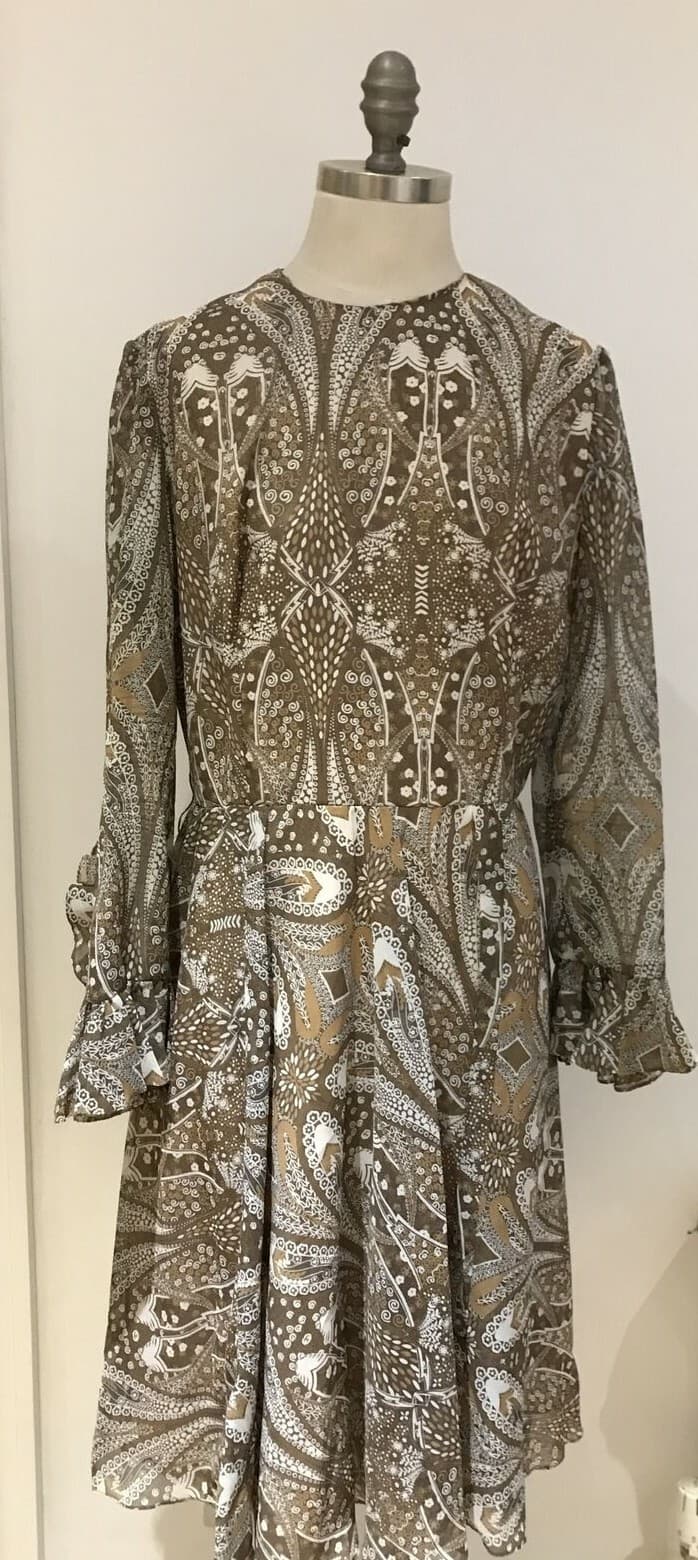 1970s Beige/Brown Luxury Vintage Brand "Cresta Couture" Paisley Dress, 38" Bust