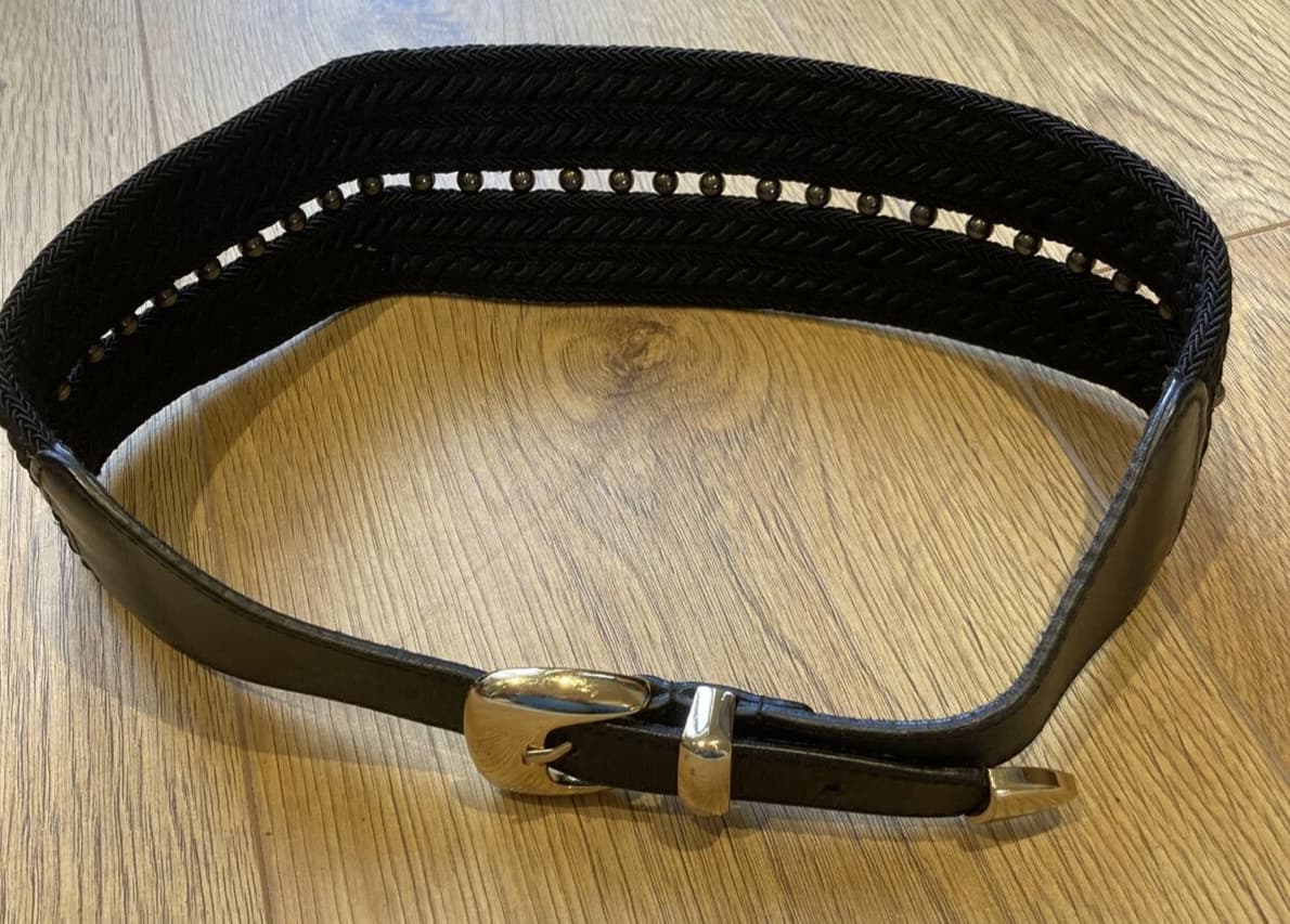 Temperley London Vintage Gold Buckle Black Leather/Braid/Bead Belt, Small Size