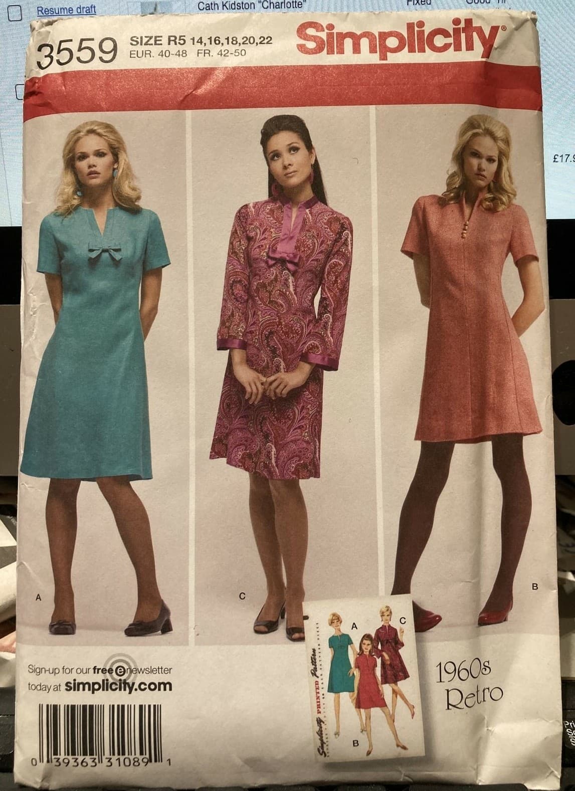 2007 SIMPLICITY 3559 1960s RETRO MISSES’ DRESS IN TWO LENGTHS SIZE R5 SIZE 14-22