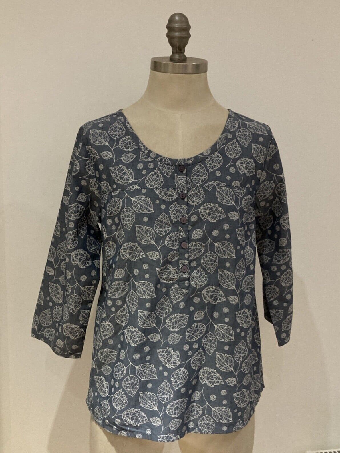 Seasalt "Kingfisher" Grey Cotton Sophie Chadwick Leaf Print Top Size 10 UK, BNWT