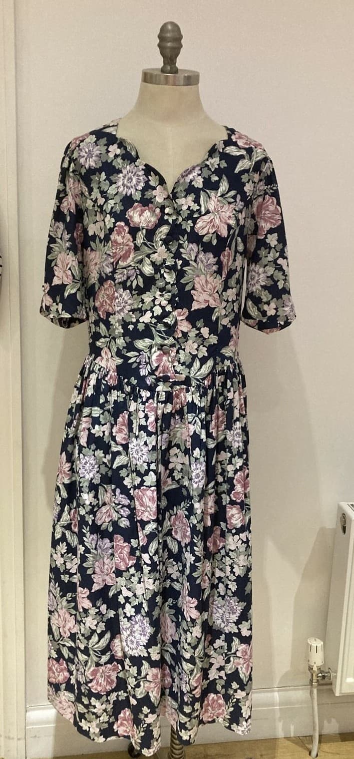 Laura Ashley 1980s Blue  Floral Dress, Vintage Size 14 UK