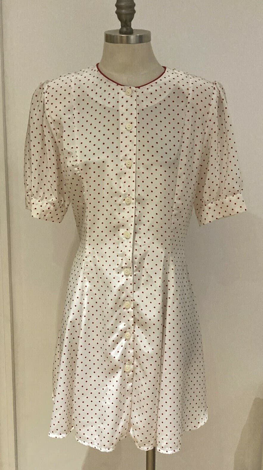 1970s Paul Poly White Dress & With Red Spots, Size 14 UK