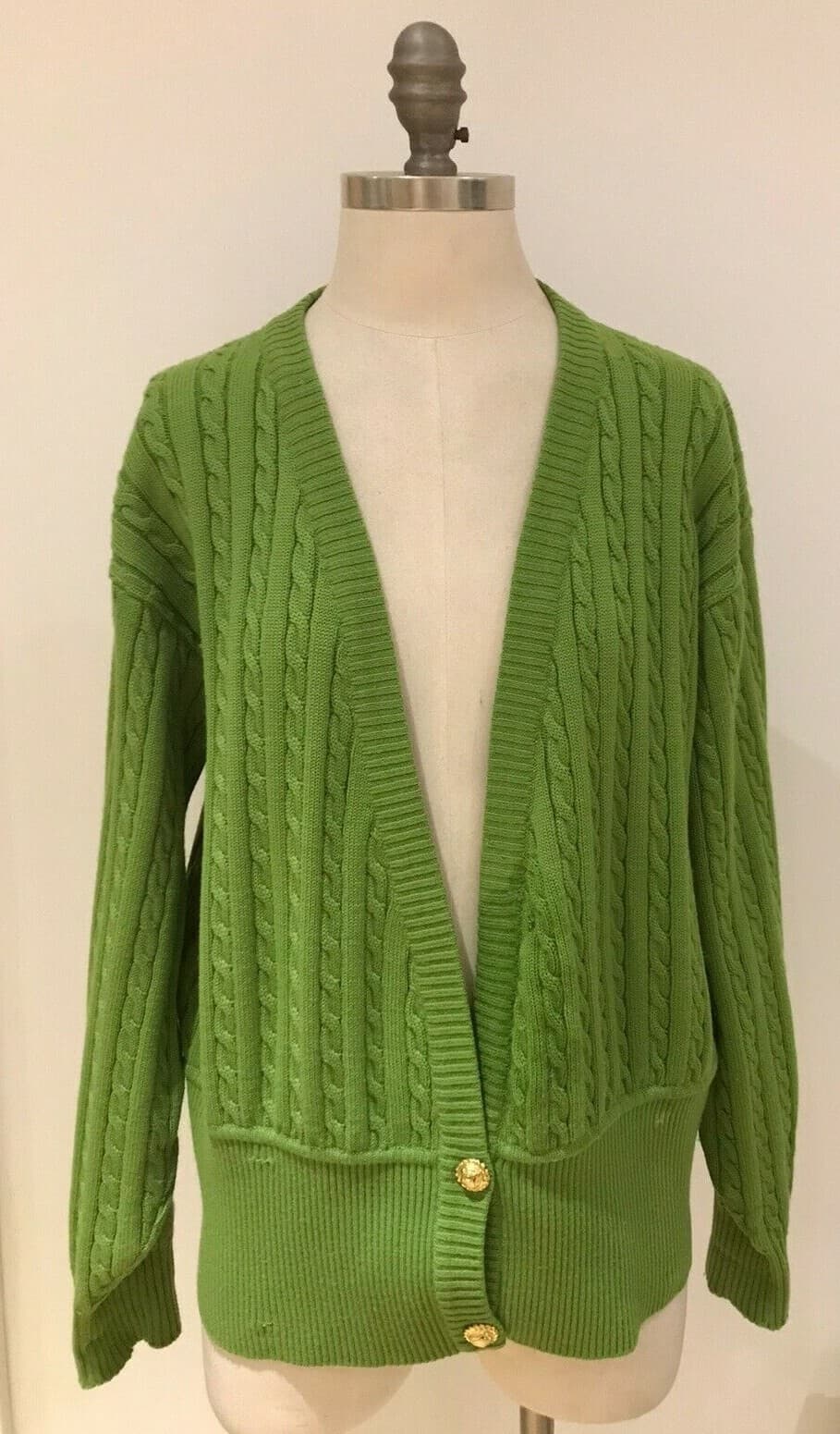 CELINE Paris Green Pure Wool Cardigan, Size 46 Gold Buttons, with repairs 